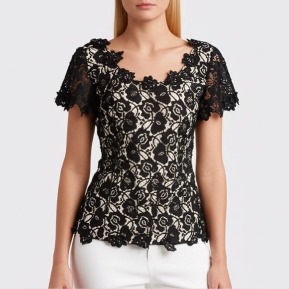 JS Boutique Tops - JS Boutique Beaded Floral Lace Black Overlay Tan Nude Illusion Top 8 Evening